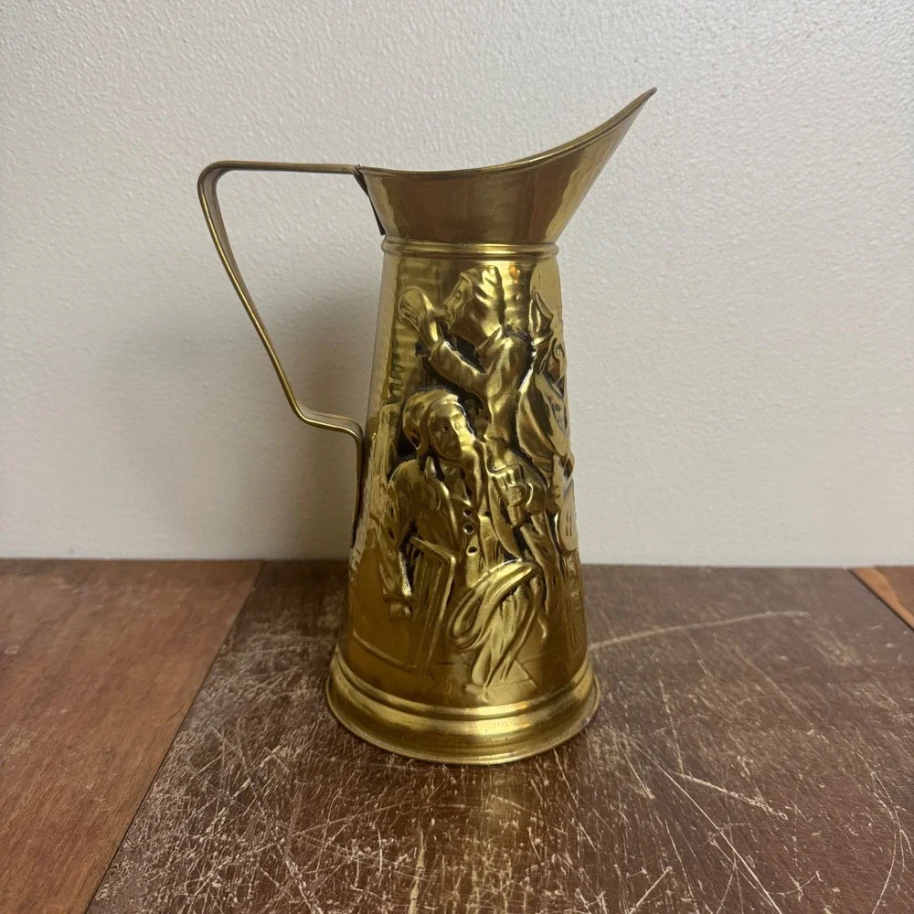 Vintage Brass Metal Embossed‎ Pub Scene Pitcher Made in England